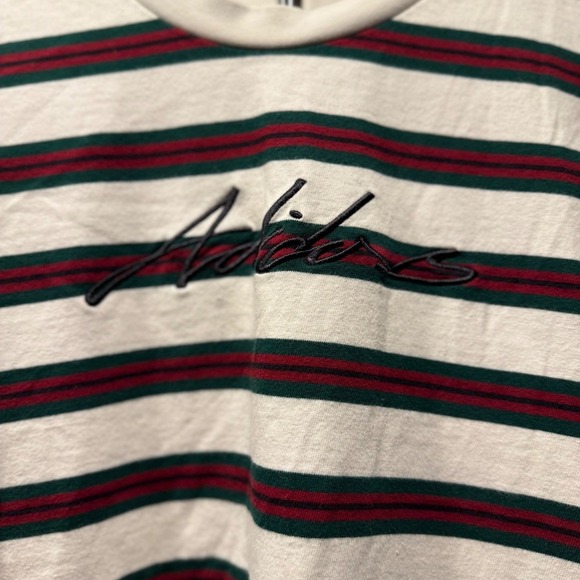 Adidas Striped T Shirt Mens M White Burgundy Green Embroidered Logo Cotton‎ Blen - Picture 2 of 5